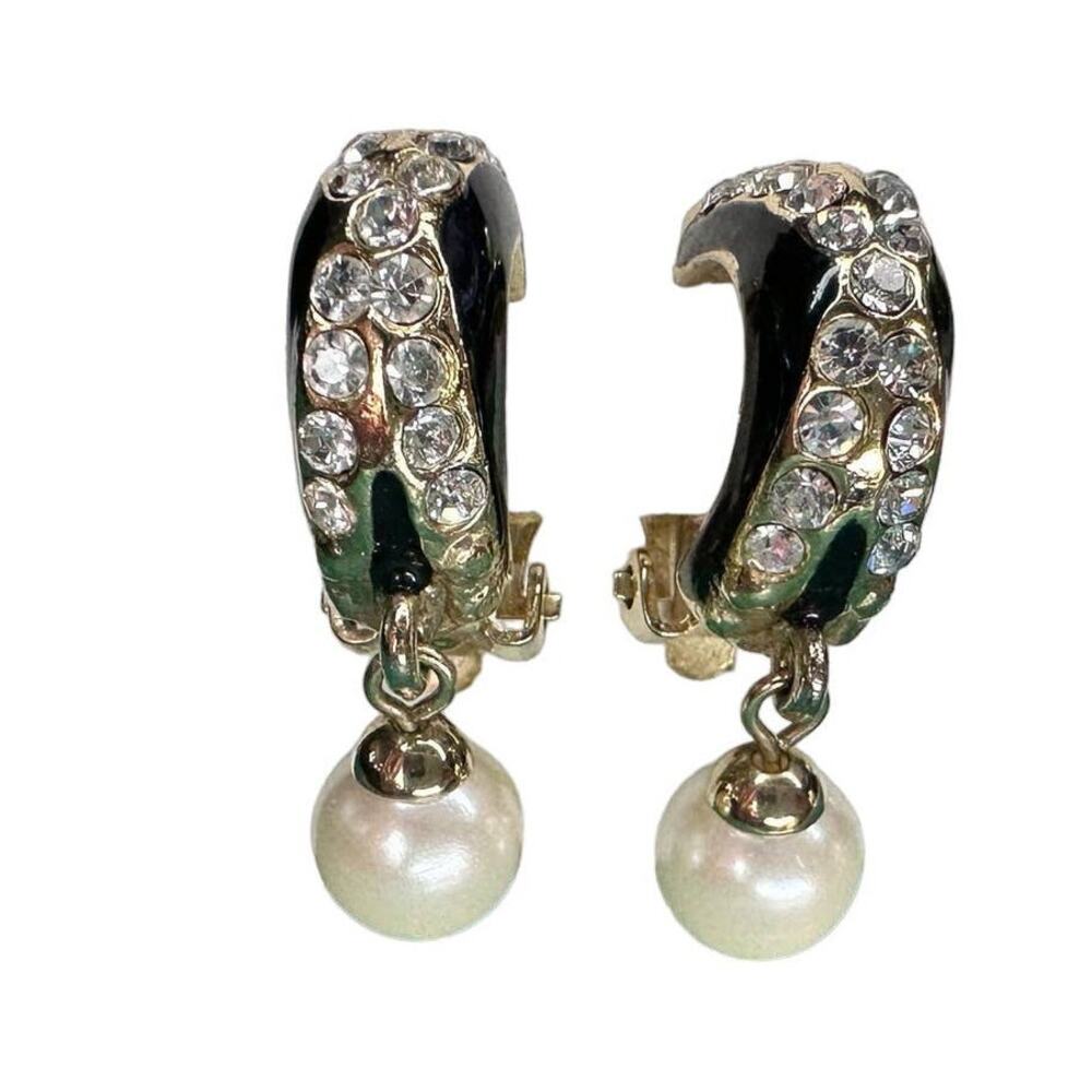 Vintage goldtone, black enamel, rhinestones, and faux pearl clip-on earrings